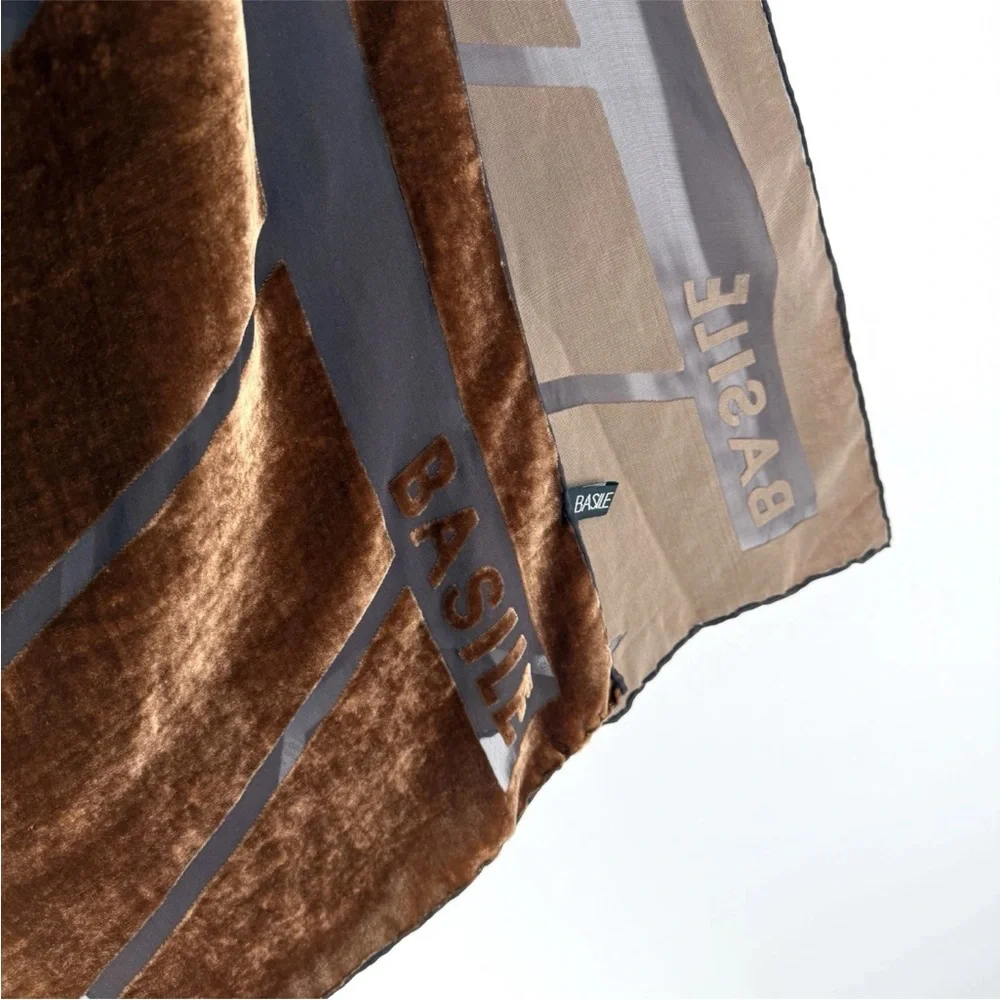 BASILE Scarf Silk Blend Velvet Burnout Brown Chevron Logo Wrap 17 x 60